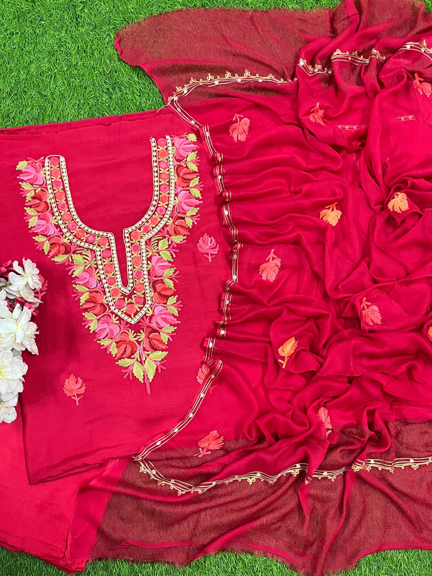 Red Muslin Cotton Aari Embroidered 3pc set