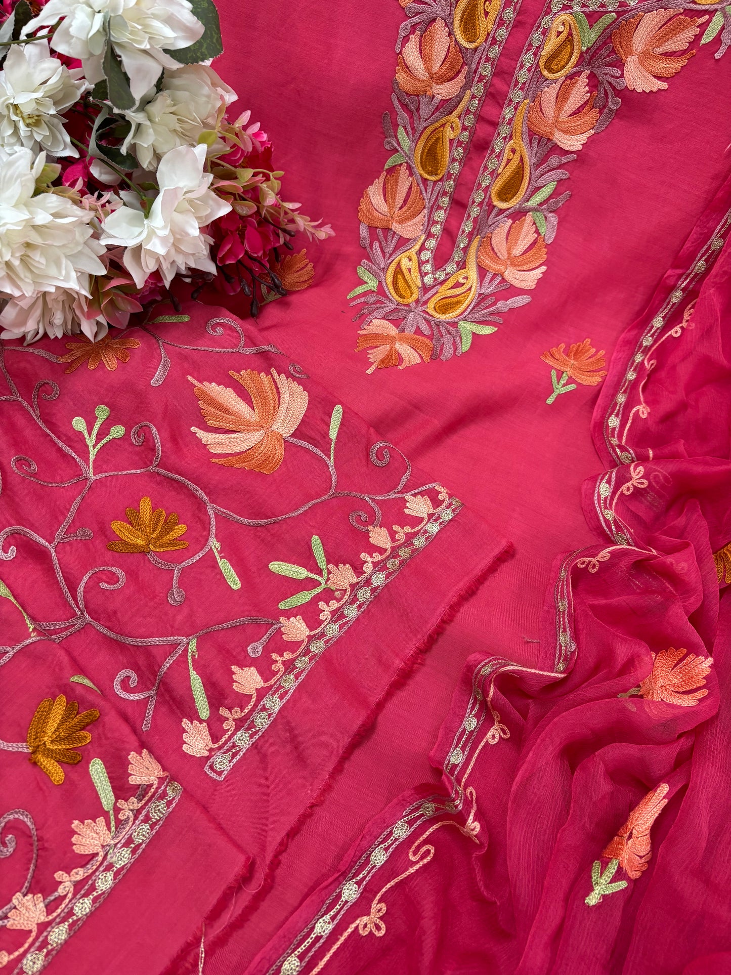 Carrot Red Muslin Cotton Jaal Sleeves Kashmiri 3pc Suit