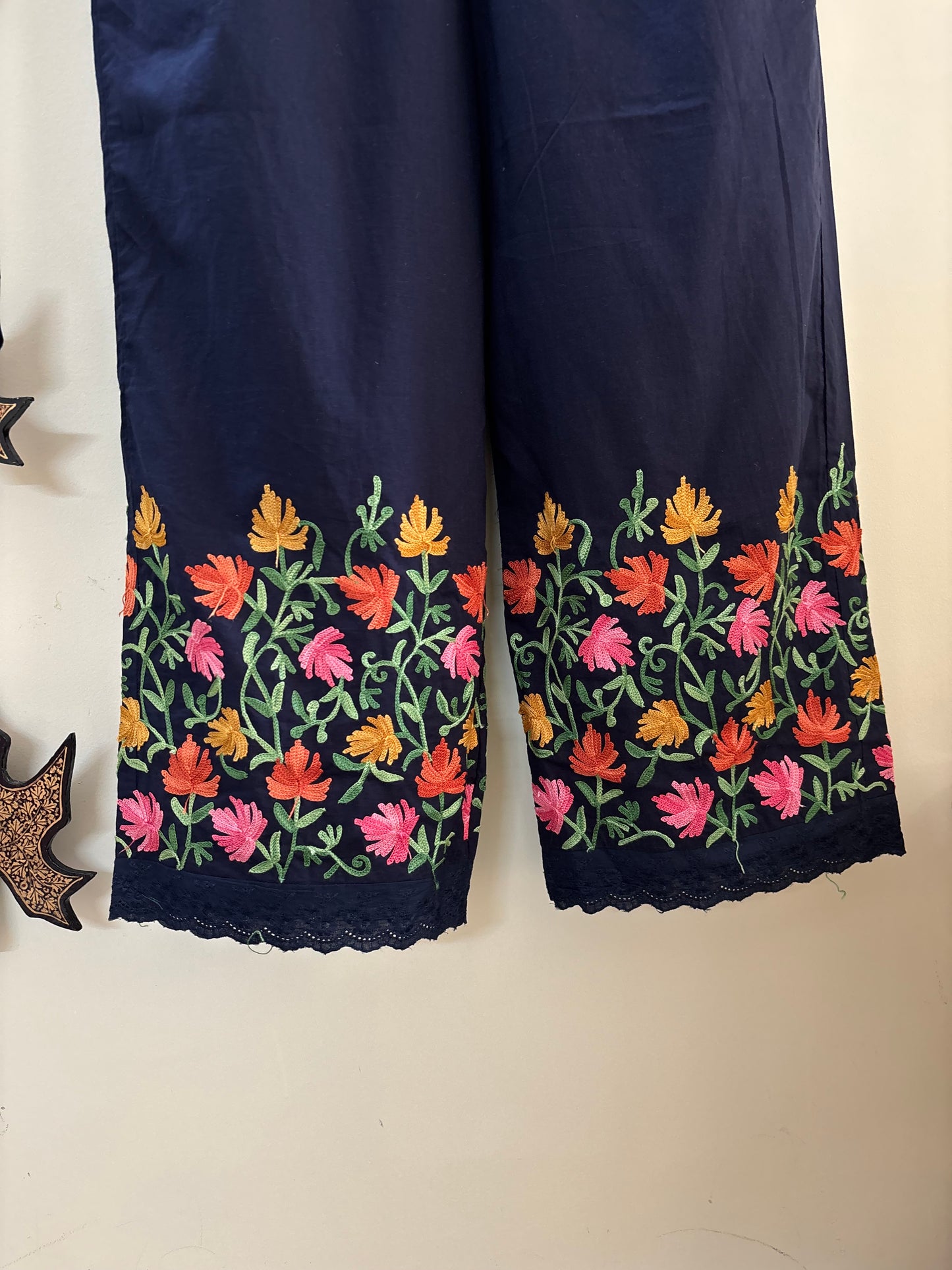 Women Navy Blue Hem Design Straight Aari Embroidered Palazzos ‘S’
