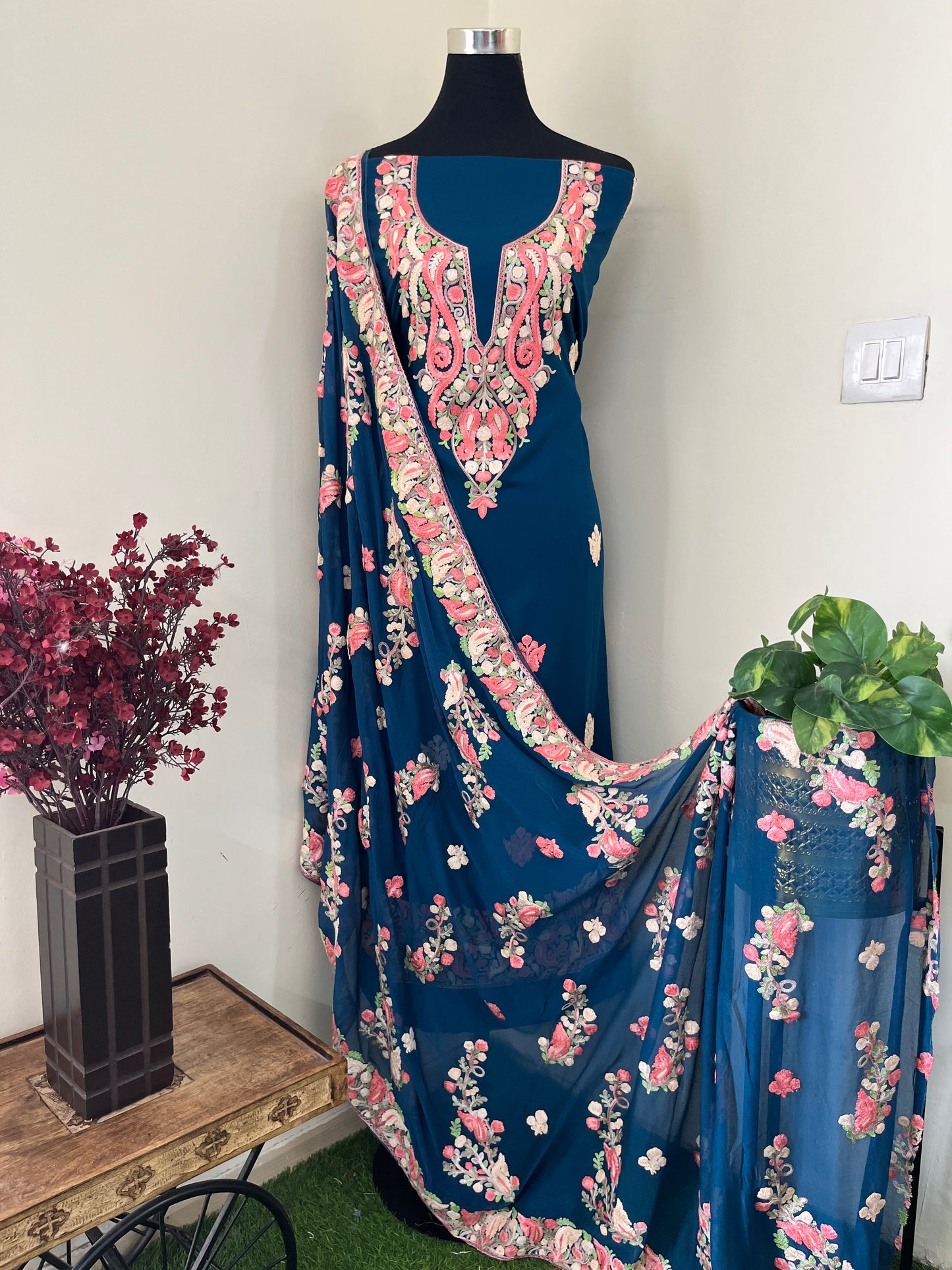 Blue Rayon Cotton Kashmiri 3pc set