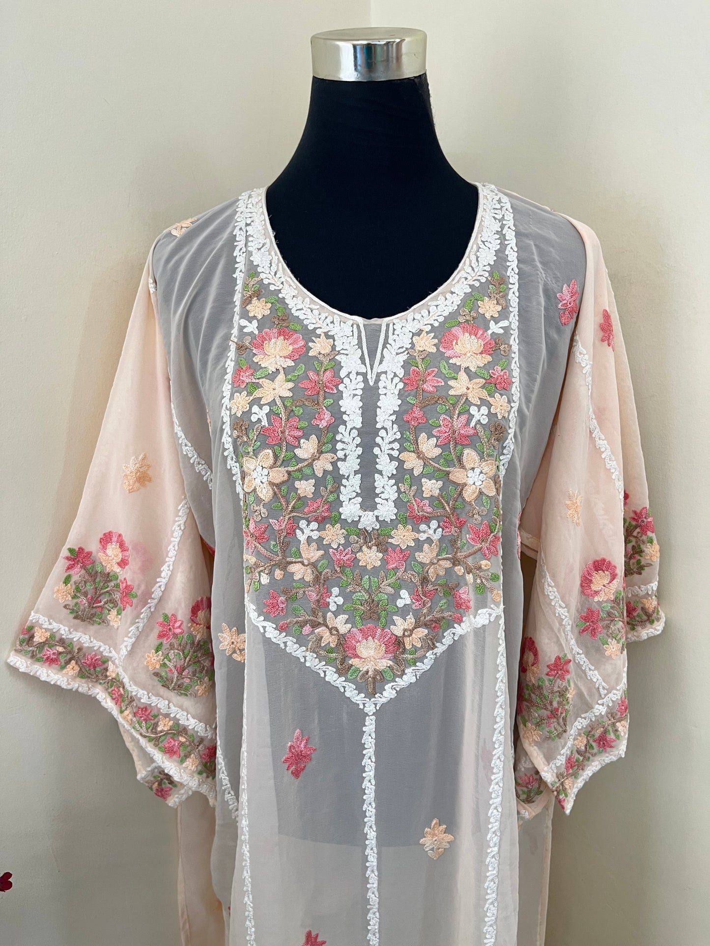 Peach Georgette All over Work Aari Embroidered Unstitched Kurta