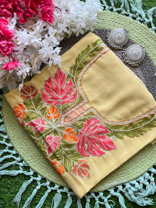 Golden Yellow Georgette Aari Embroidered Unstitched Kurta Material