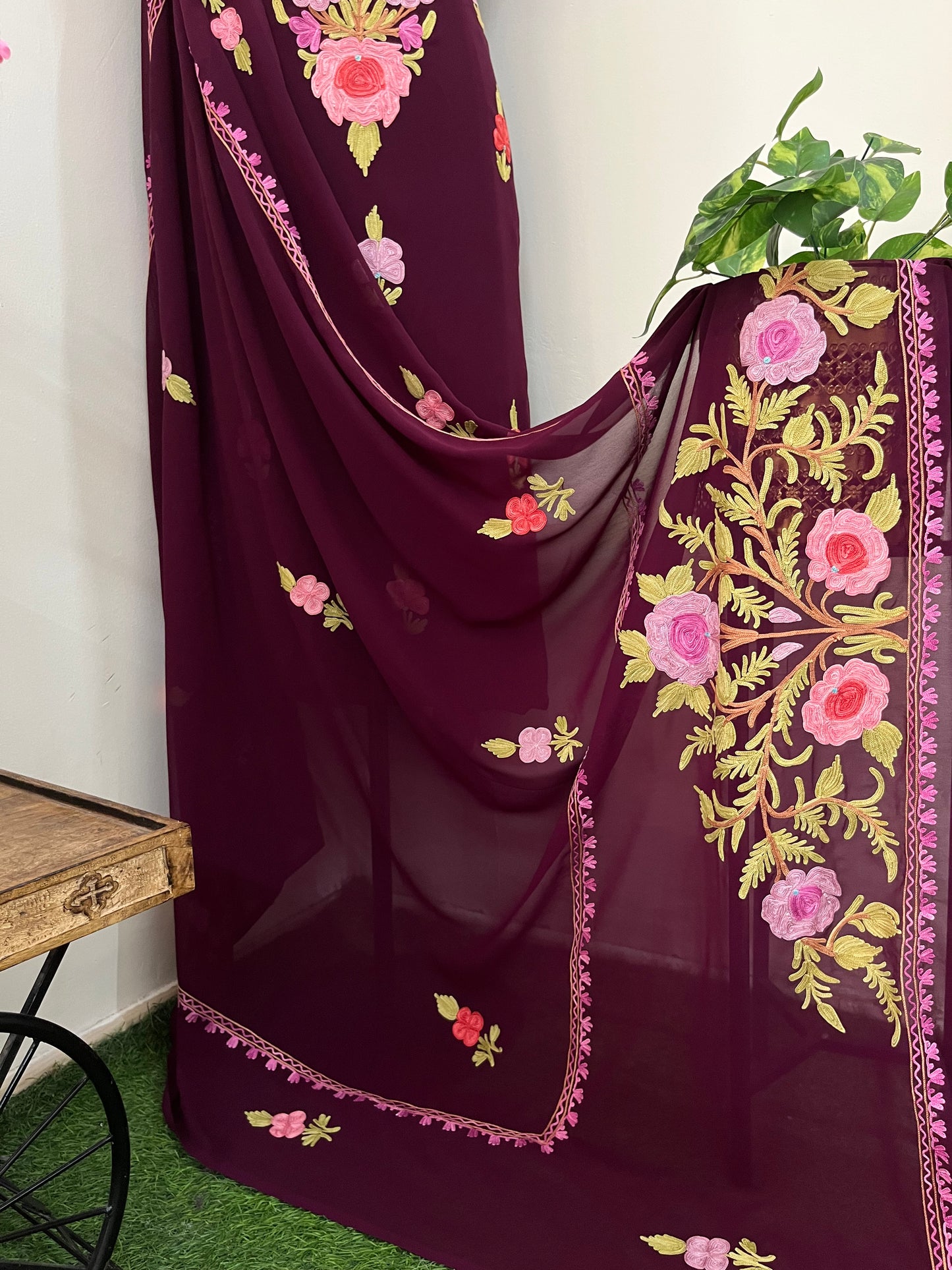 Wine Georgette 3 Pc Aari Embroidered Suit