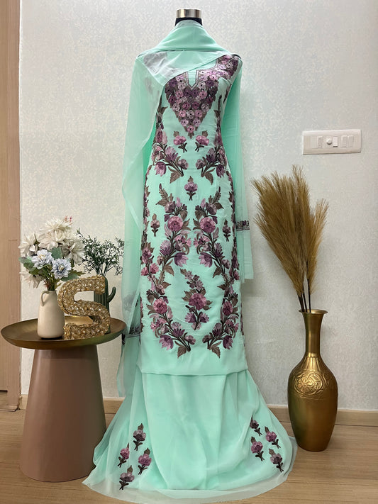 Green Georgette 3 Pc Kashmiri Suit