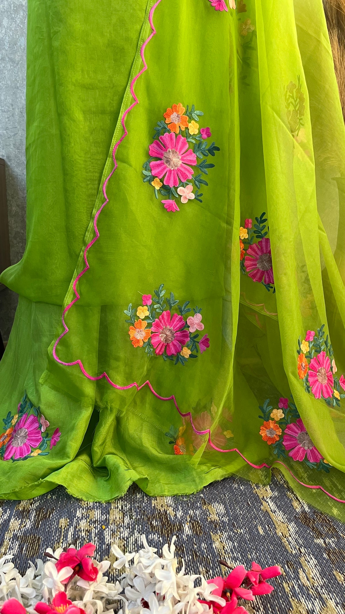 Lime Green Soft Tissue Kashmiri Suit