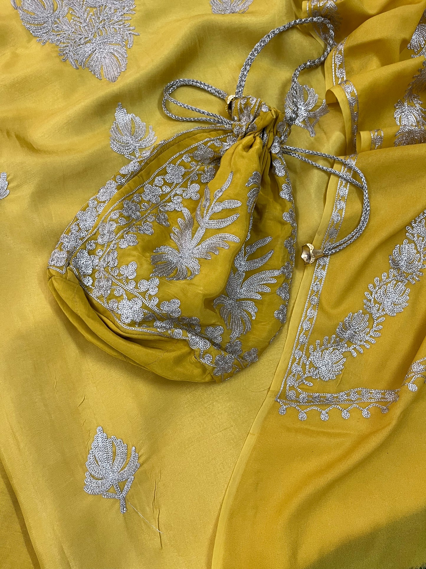 Sanam Golden Yellow Silk Kashmiri Suit with Potli