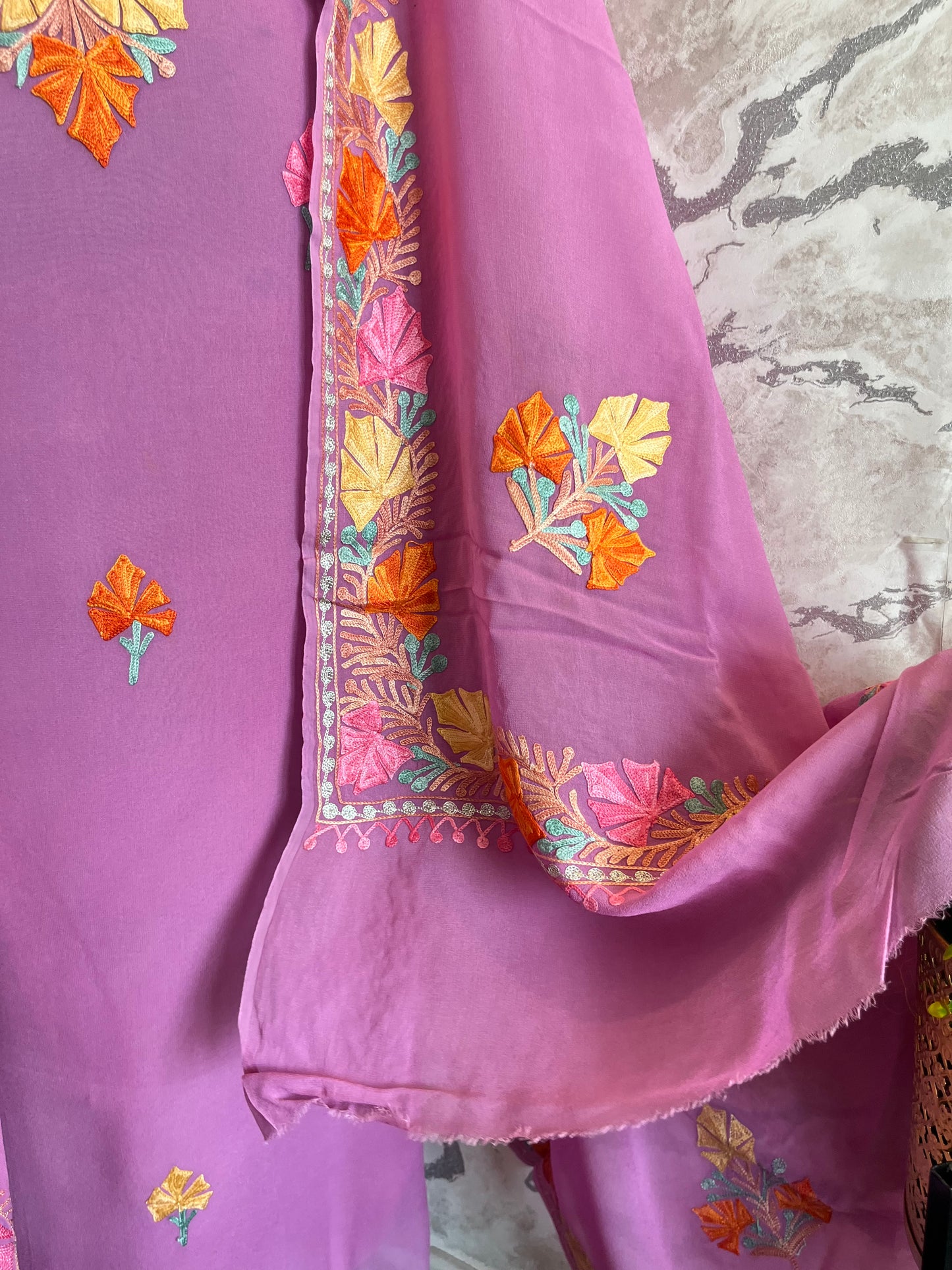 Lilac Pure Georgette Aari Embroidered Suit
