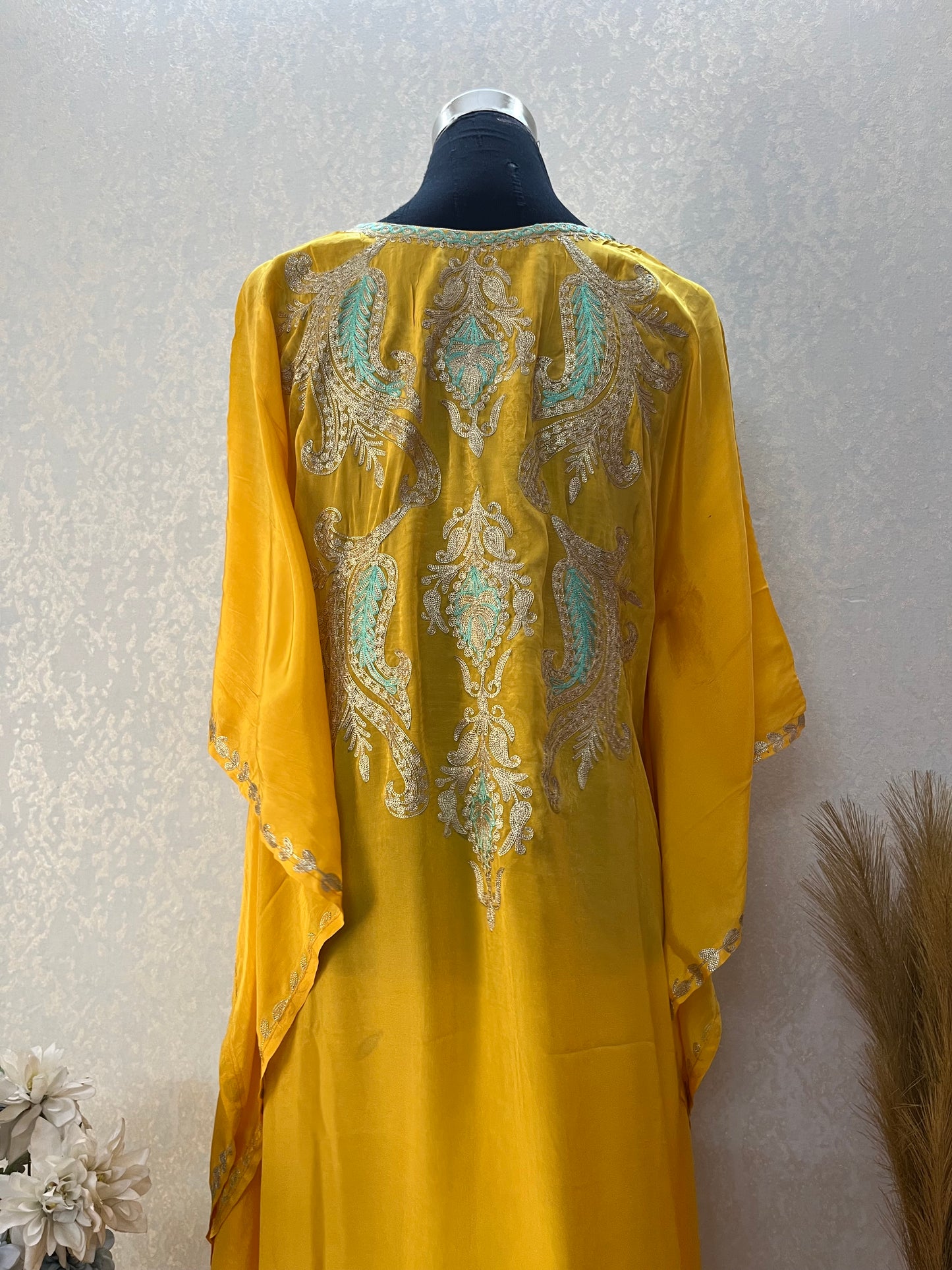 Yellow Crape Front Back Kashmiri Kaftan Set