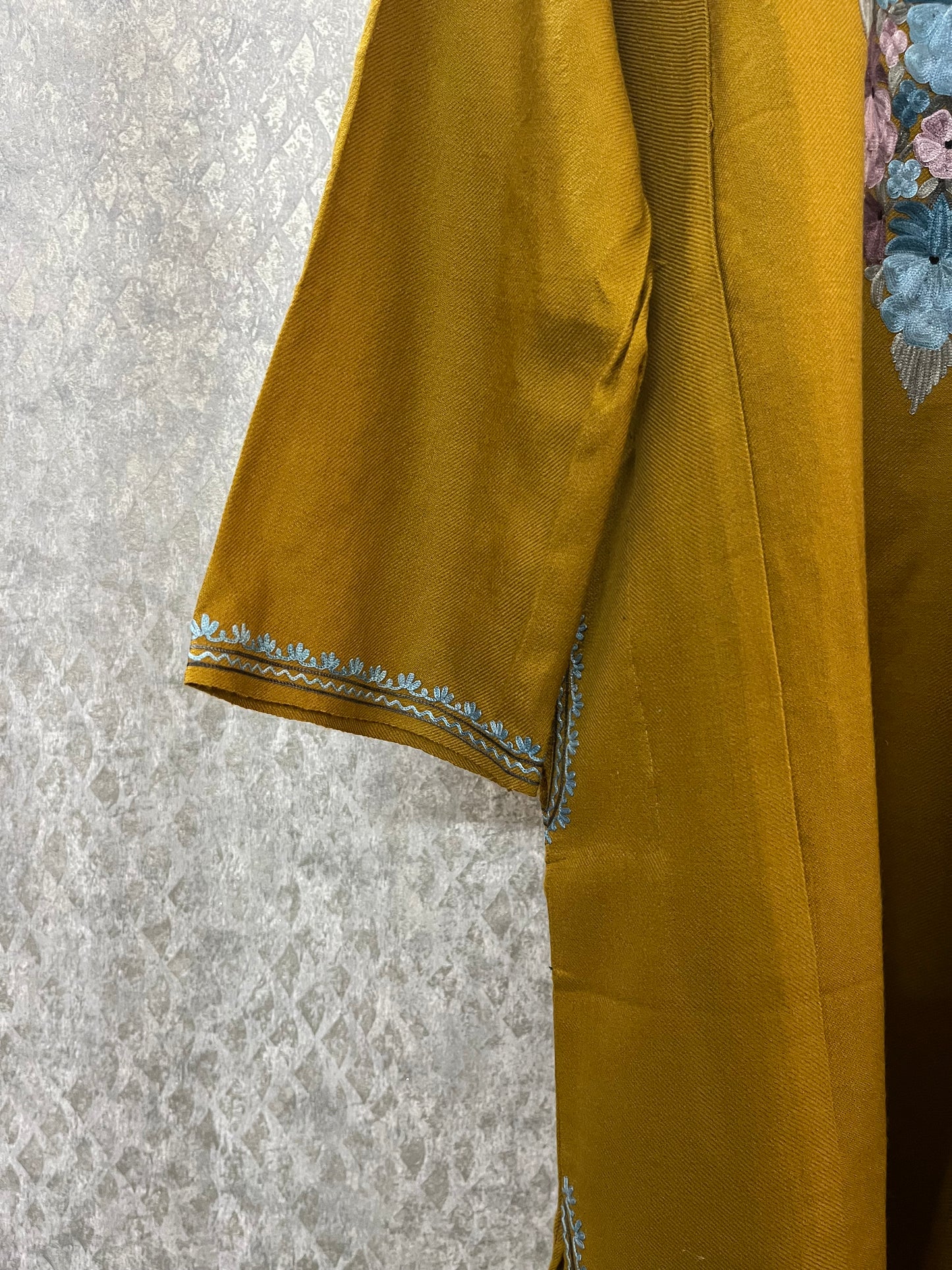 Golden Yellow Aari Embroidered Wool Pheran