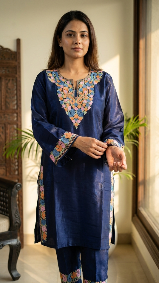Royal Blue Shimmer Silk Stitched Co-ord Set (Free Size / 45 inches)