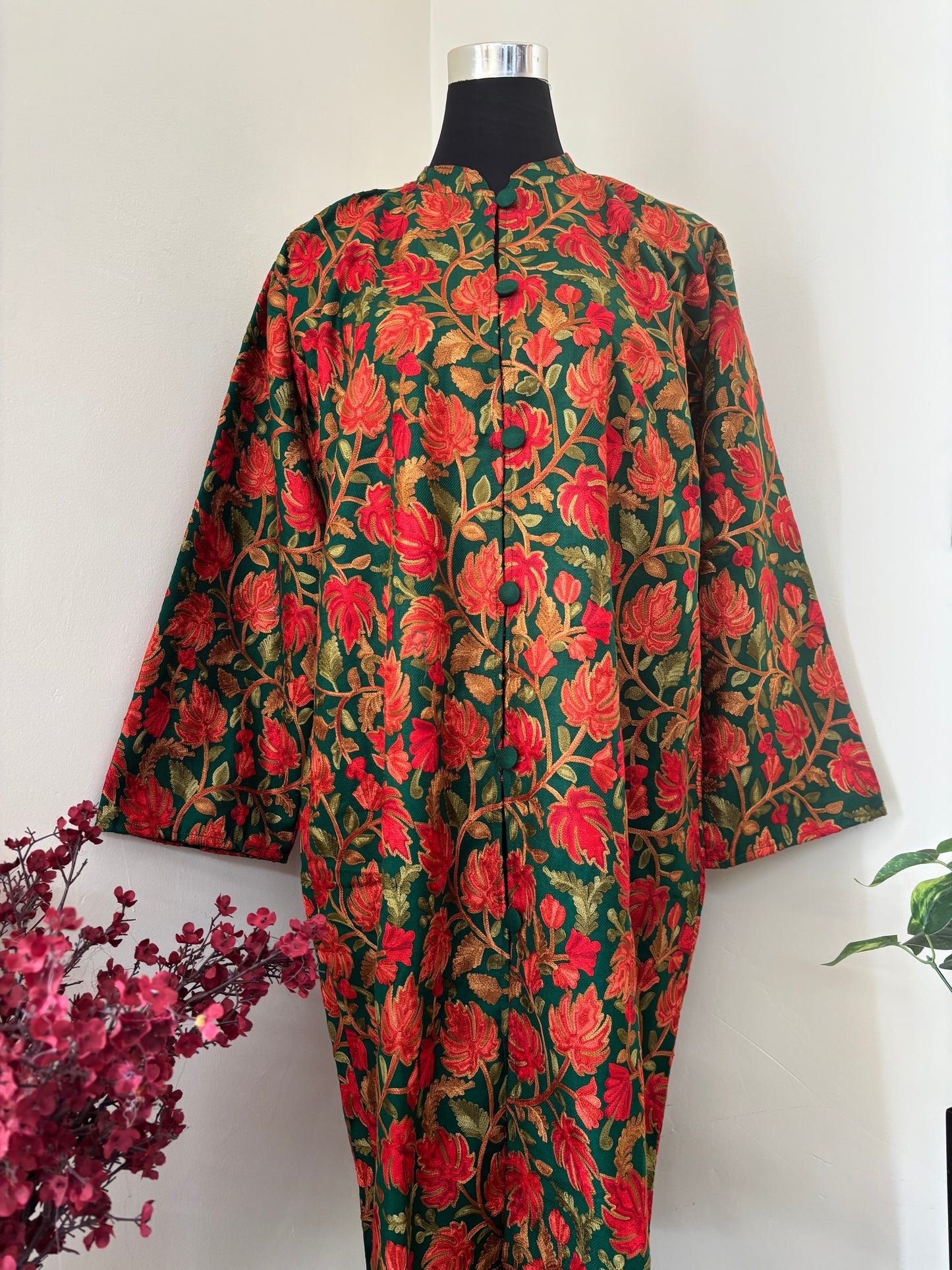 Bottle Green Aari Embroidered Pure Wool Jacket XXL
