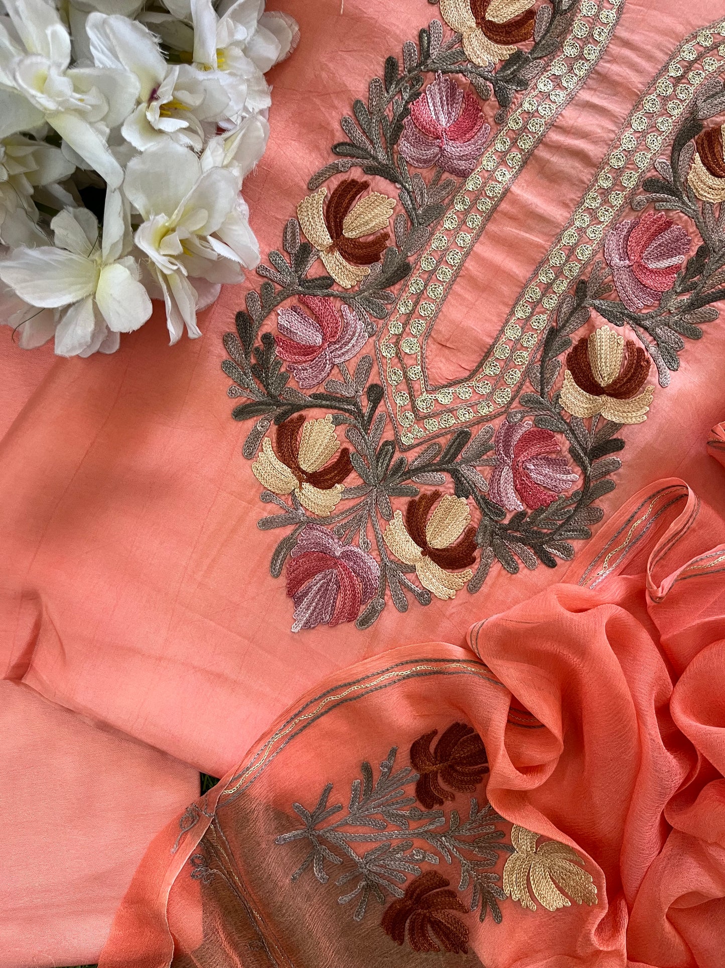 Peach Opada Silk Aari Embroidered Suit material