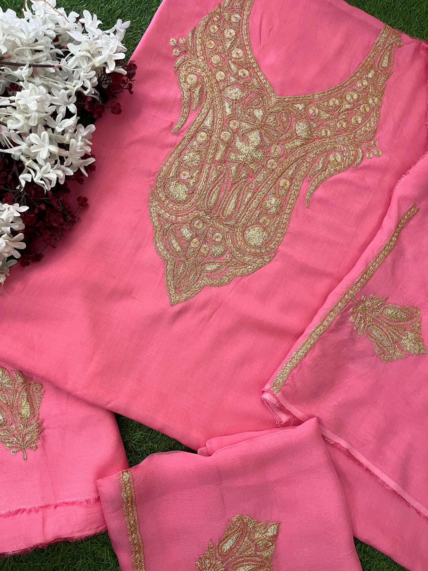 Kalaa’ Soft Pink Muslin Silk Tilla Embroidered Suit material