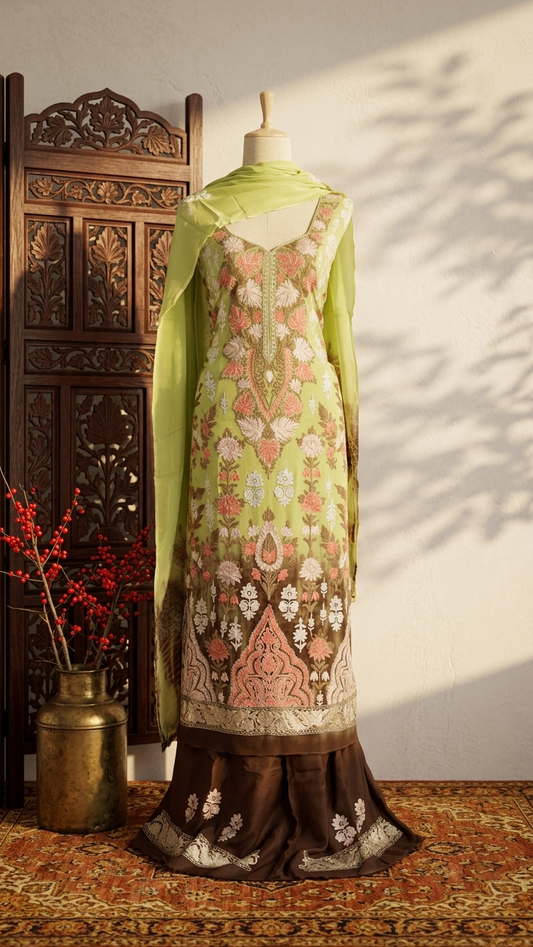 Green Pure Georgette 3 Pc Heavy Kashmiri Suit