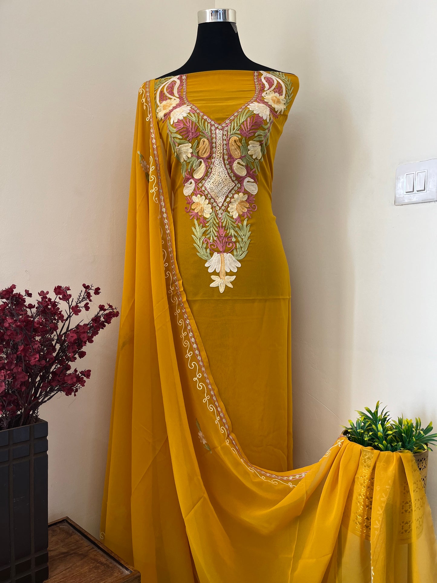 Yellow Georgette Shirt and Dupatta Aari Embroidered Suit