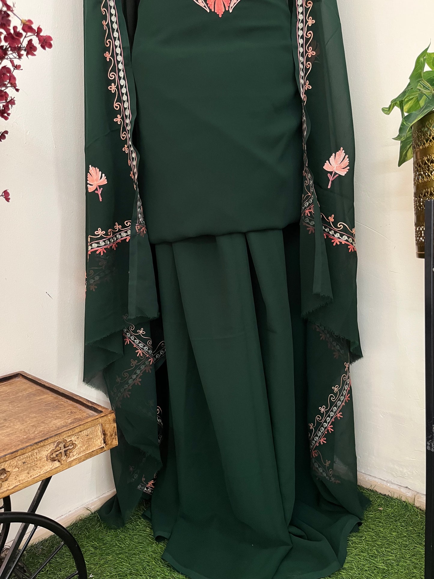 Bottle Green Georgette 3 Pc Aari Embroidered Suit Set