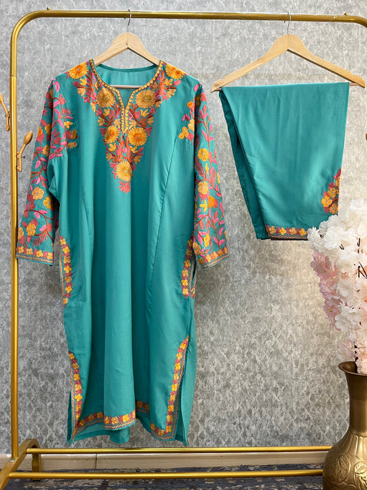 Sea Green Cotton Arm Jaal Pheran Set