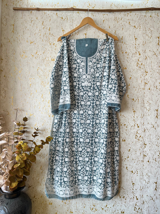 Sapphire Blue Georgette Jaal Work (Front & Back) Aari Embroidered Semi Stitched Kurta