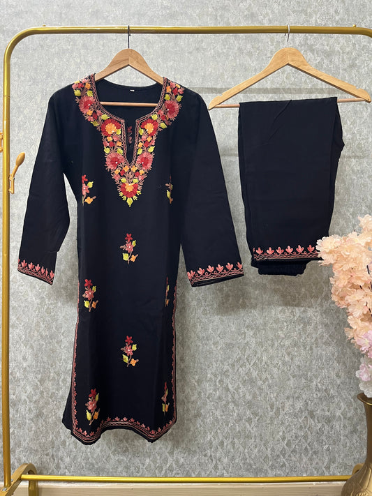 Black Woollen Kashmiri Co-Ord Set ( Size 36)