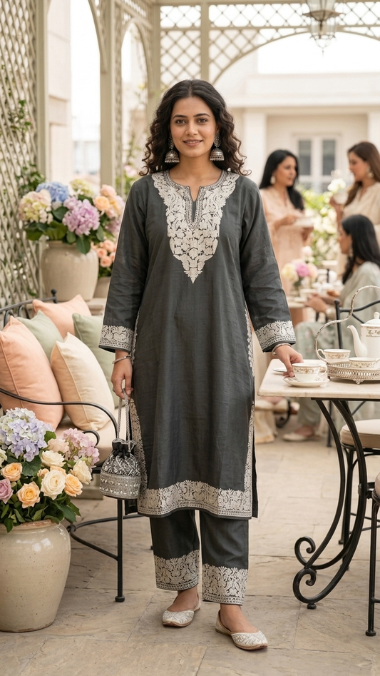 Charcoal Grey Cotton Kashmiri Pheran Set (48)