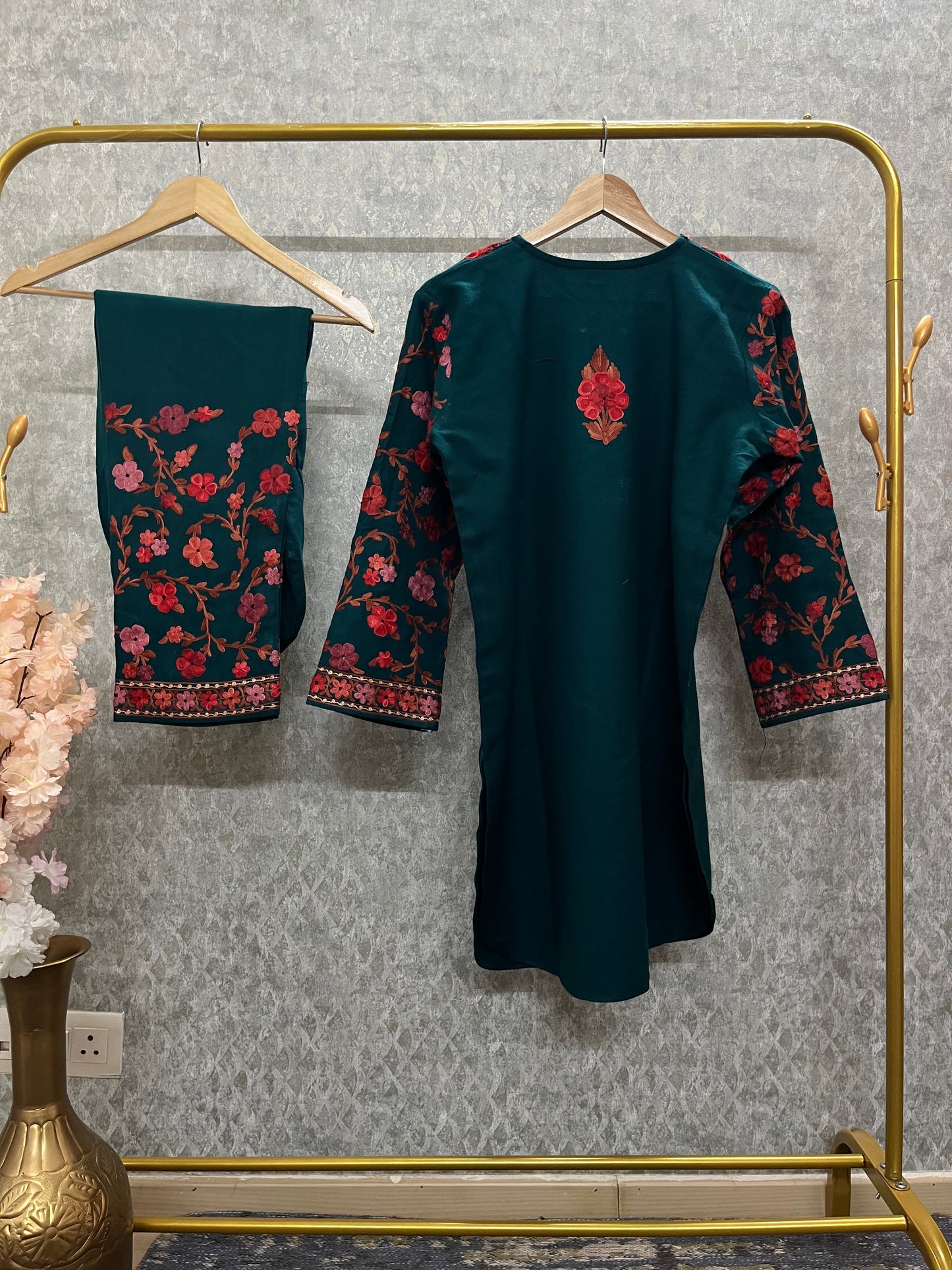 Teal Green Woollen Kashmiri Co-Ord Set ( Size 40 )