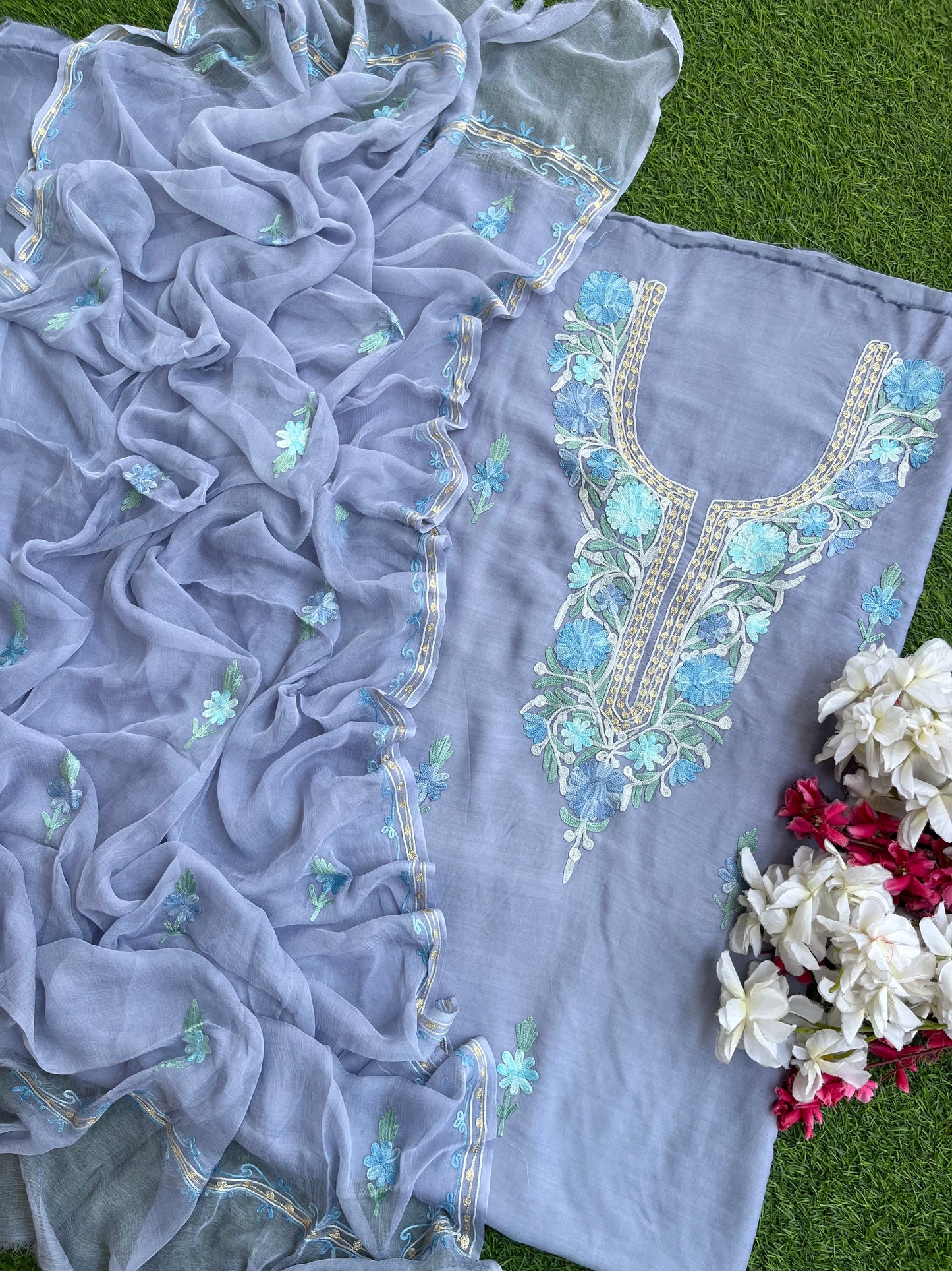 English Grey Muslin Cotton Jaal Sleeves Kashmiri 3pc Suit
