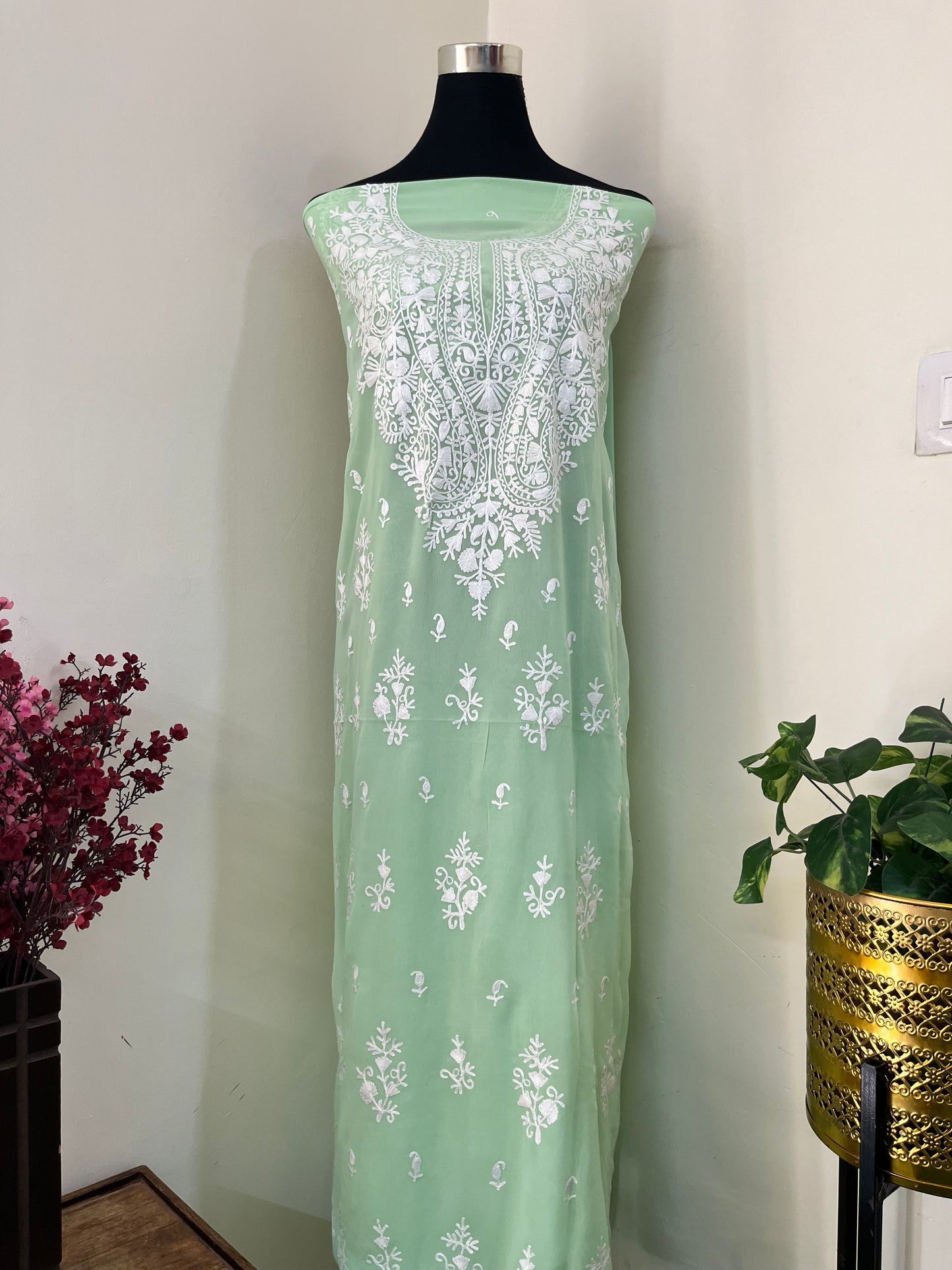 Tea Green Georgette Kashmiri Unstitched Kurta Material