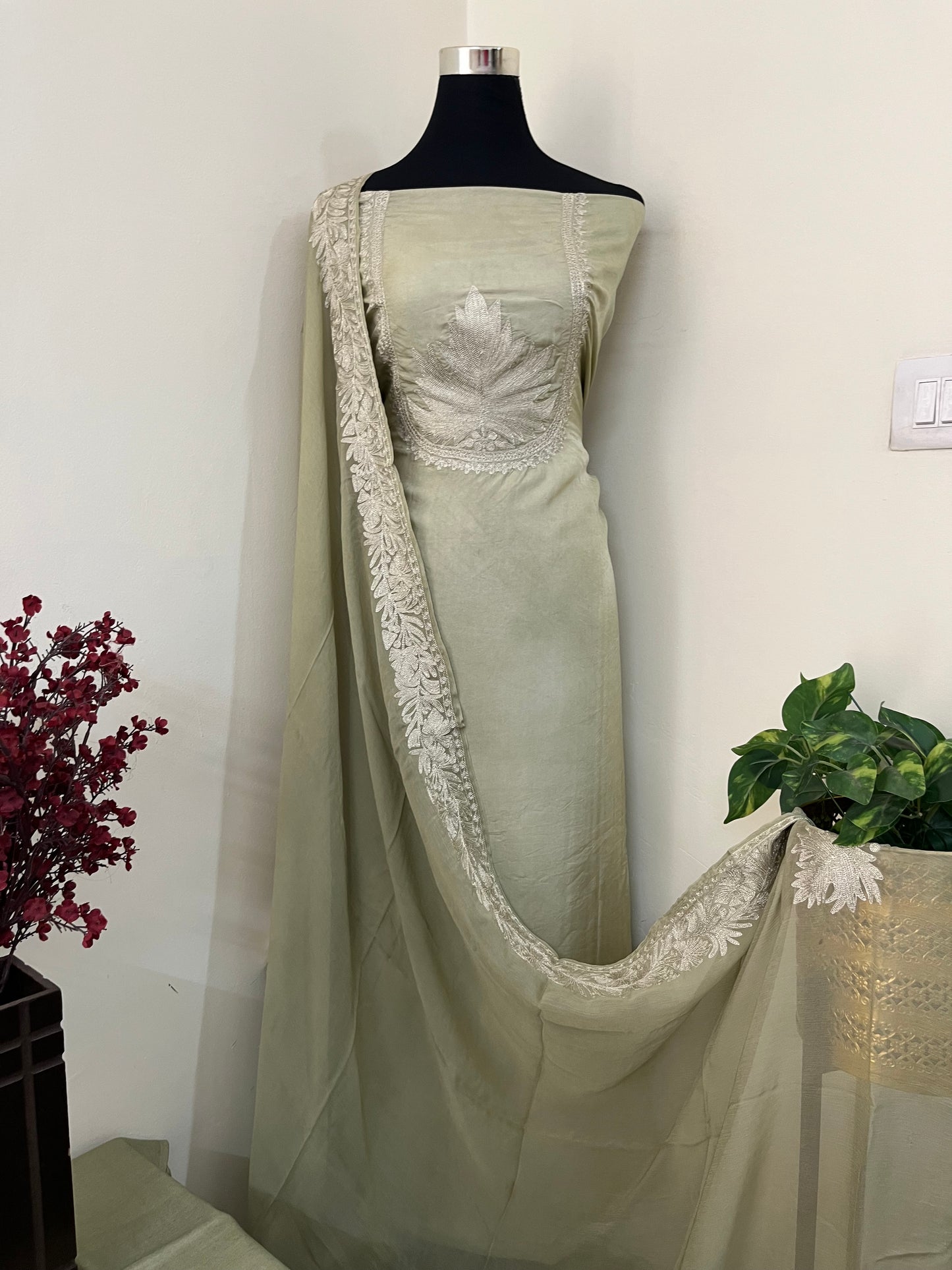 Sanam’ Pastel Green Tilla Embroidered Suit material