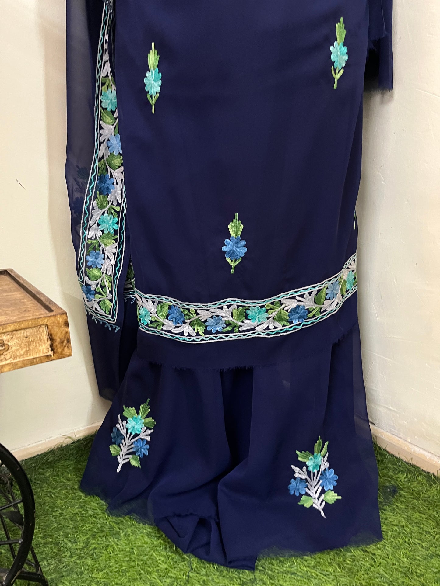 Blue Georgette 3 Pc Aari Embroidered Suit Set