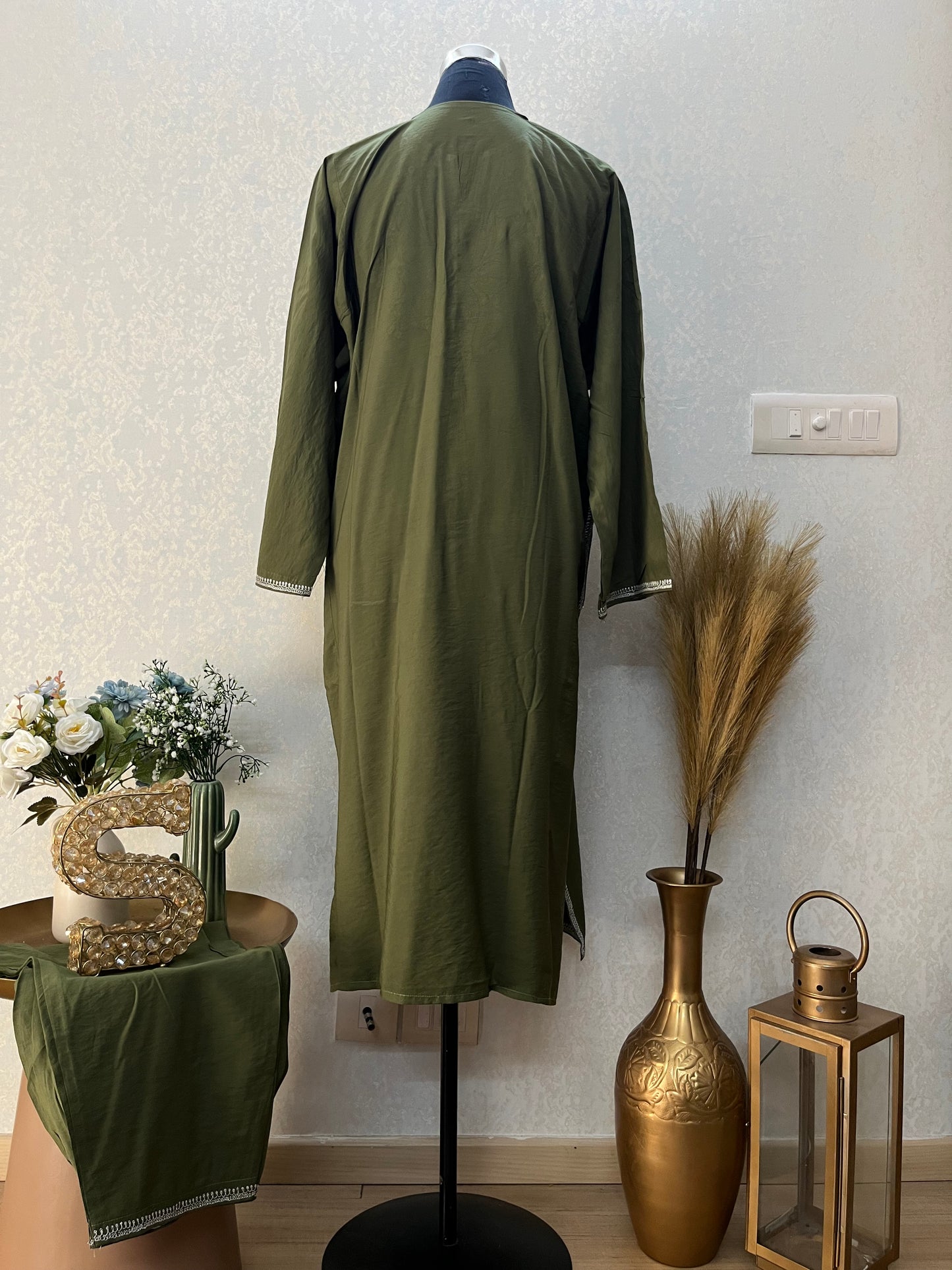 Henna Green Cotton Kashmiri Pheran Set (46)