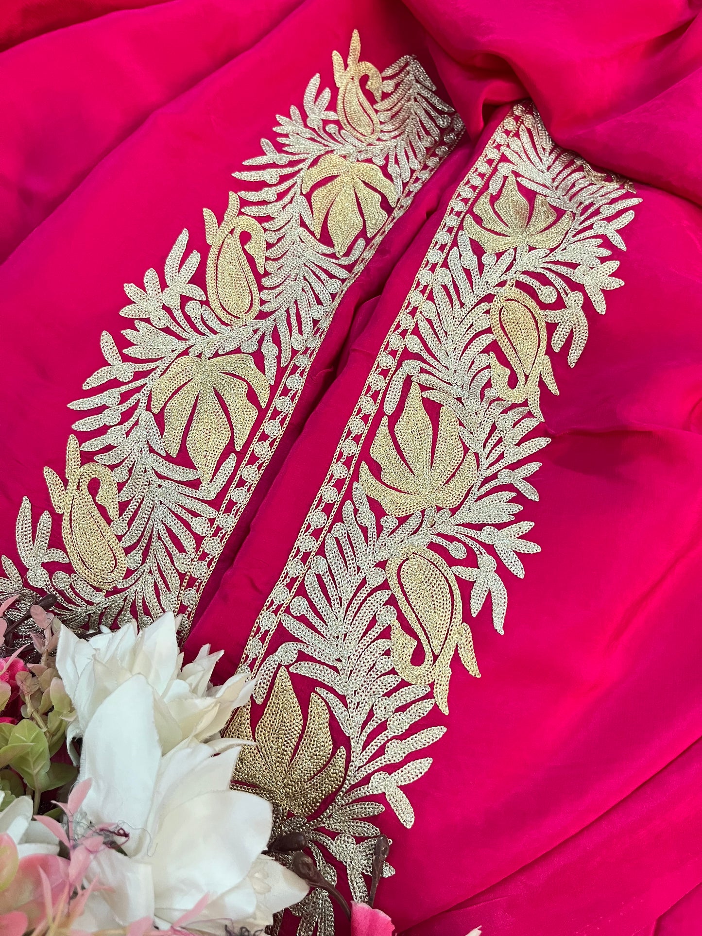 Hot Pink Crape Kashmiri Tilla Saree