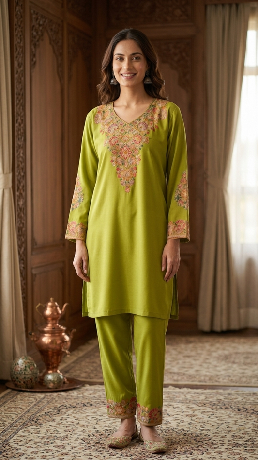 Lime Green Cotton Stitched Co-ord Set( 42)