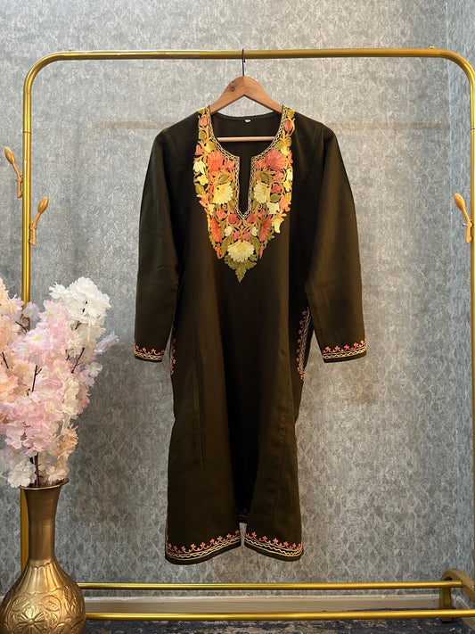 Army Green Aari Embroidered Wool Pheran