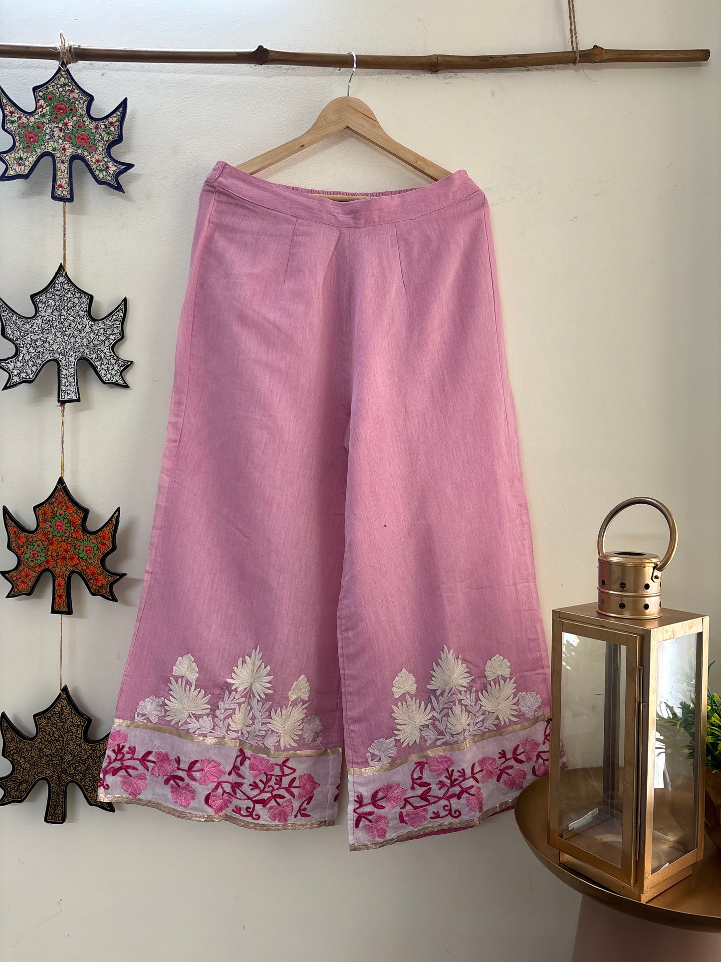 Women Pink Flared Aari Embroidered Palazzos