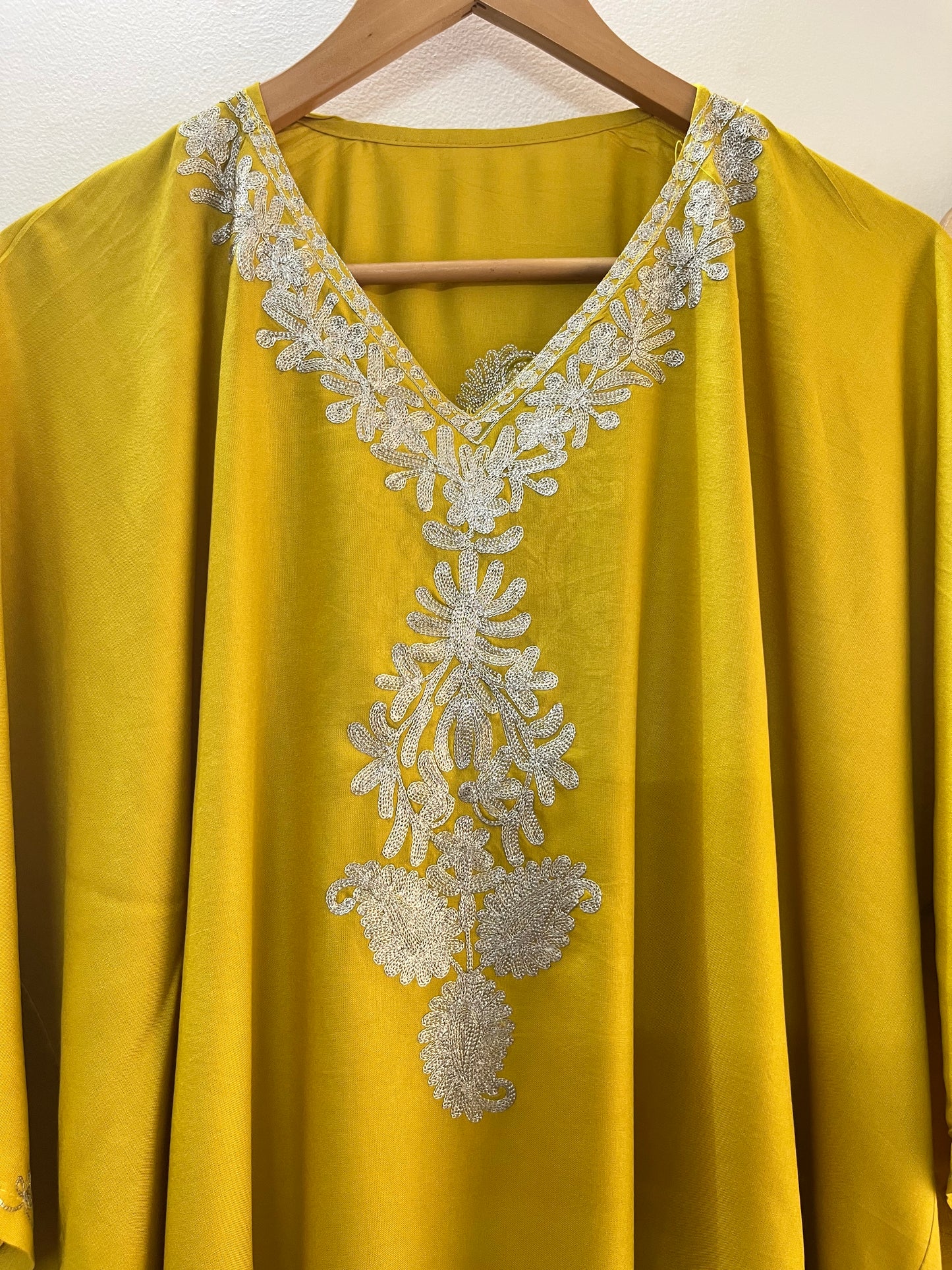 Golden Yellow Rayon Cotton Kashmiri Tilla Kaftan