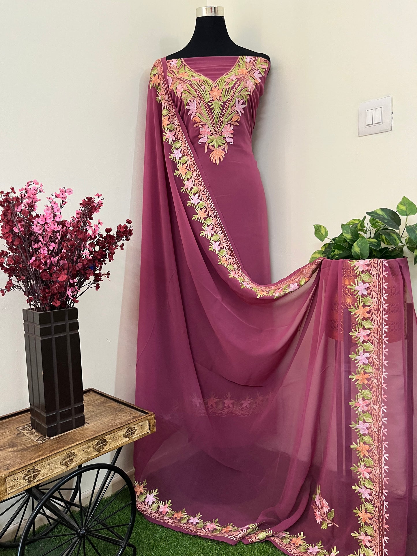 Onion Pink Georgette 3 Pc Kashmiri Suit