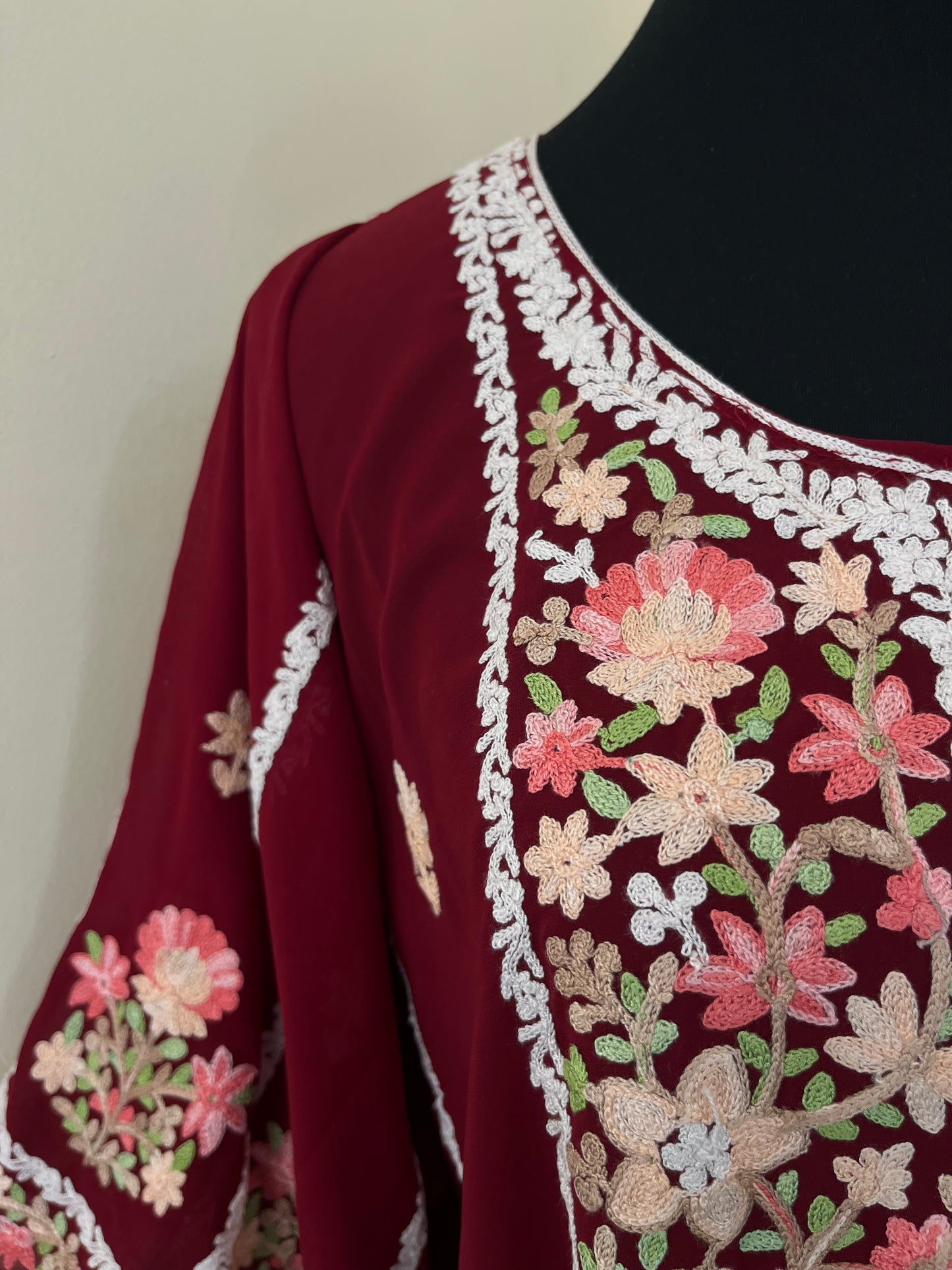 Maroon Georgette All over Work Aari Embroidered Unstitched Kurta