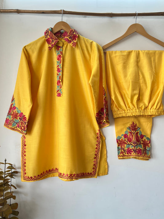 Yellow Cotton Stitched Co-ord Set (L/XL)