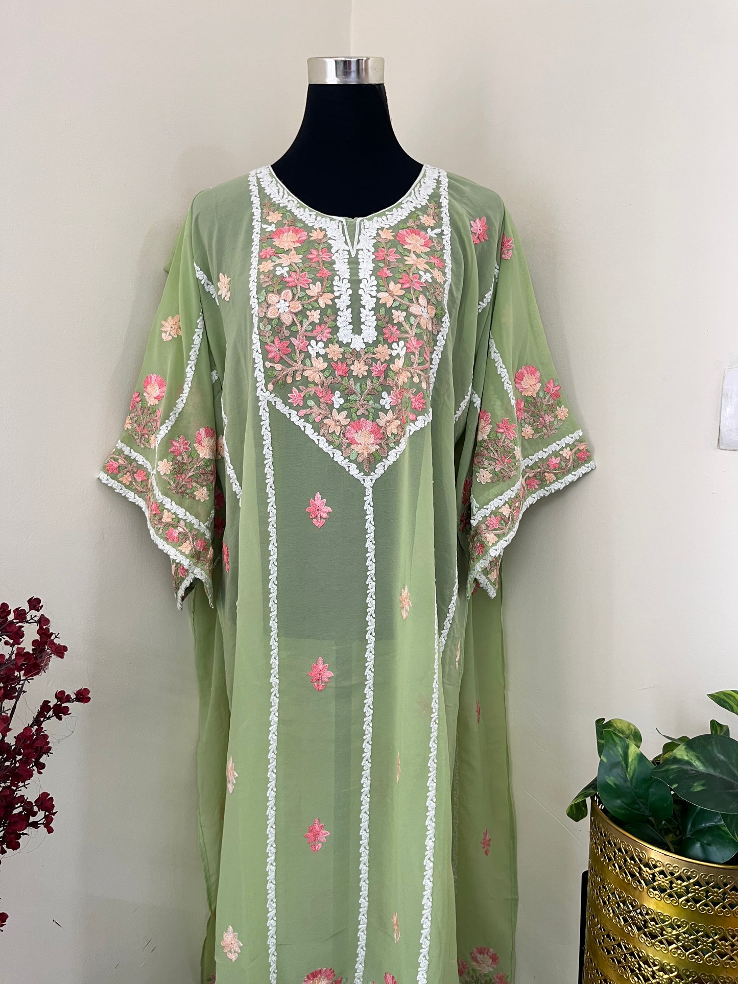 Tea Green Georgette All over Work Aari Embroidered Unstitched Kurta