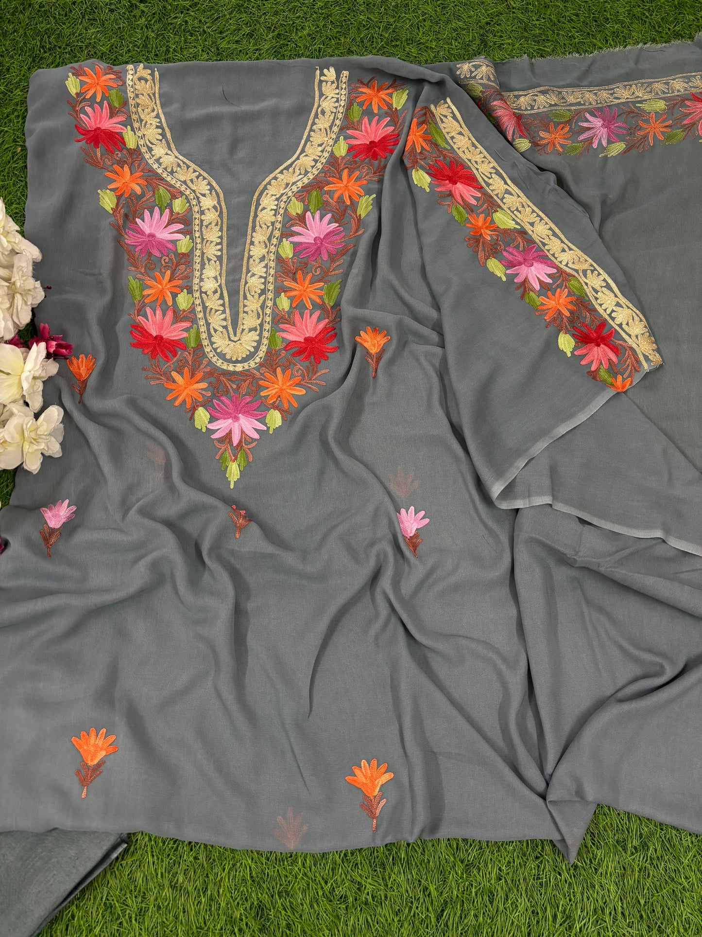 Grey Pure Georgette Kashmiri Suit