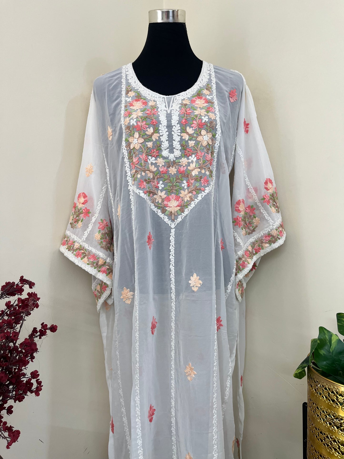 Off White Georgette All over Work Aari Embroidered Unstitched Kurta