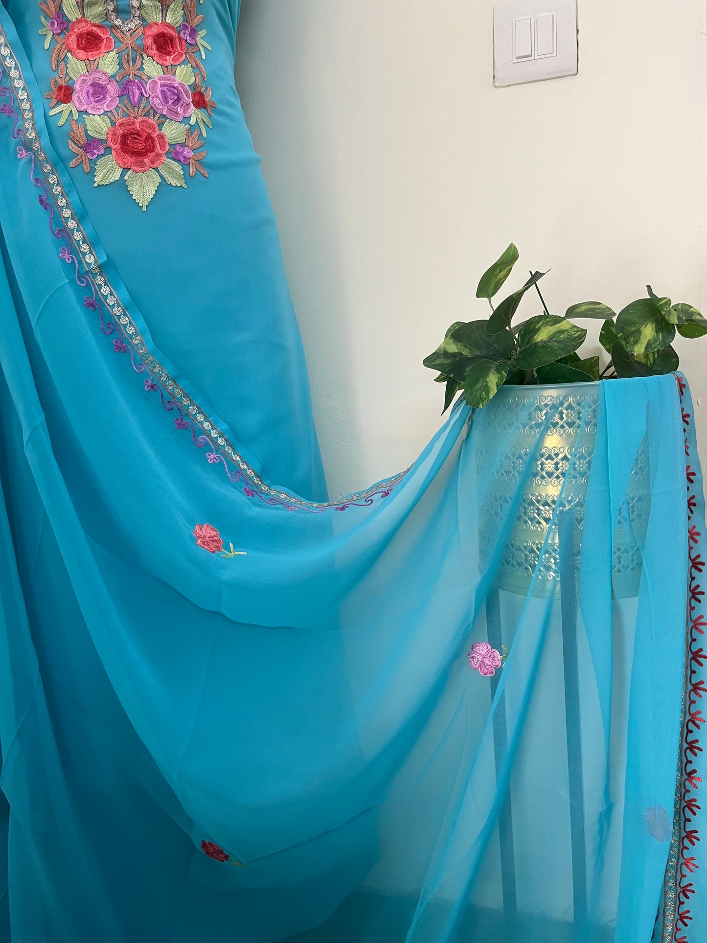 Firozi Blue Georgette 3pc Aari Embroidered Suit