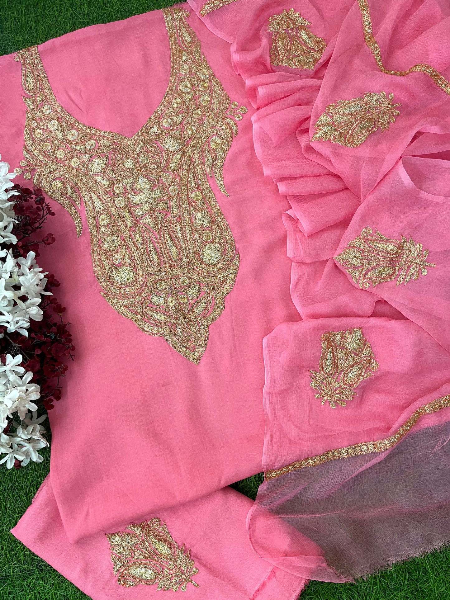 Kalaa’ Soft Pink Muslin Silk Tilla Embroidered Suit material