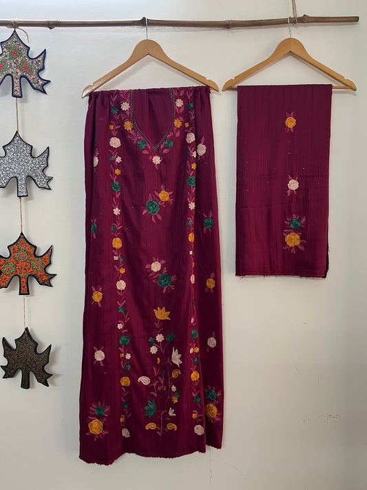 Burgundy Muslin Cotton Striped Sequin Pattern Unstitched Co-ord Set