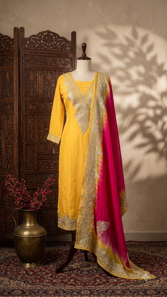 Gold Sanam Silk Kashmiri Suit