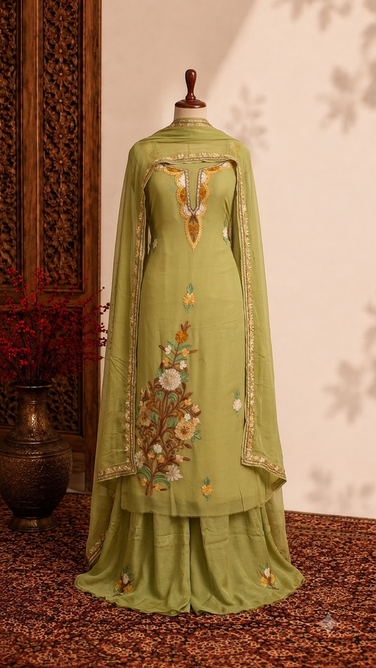 Lemon Green Pure Georgette Aari Embroidered Suit