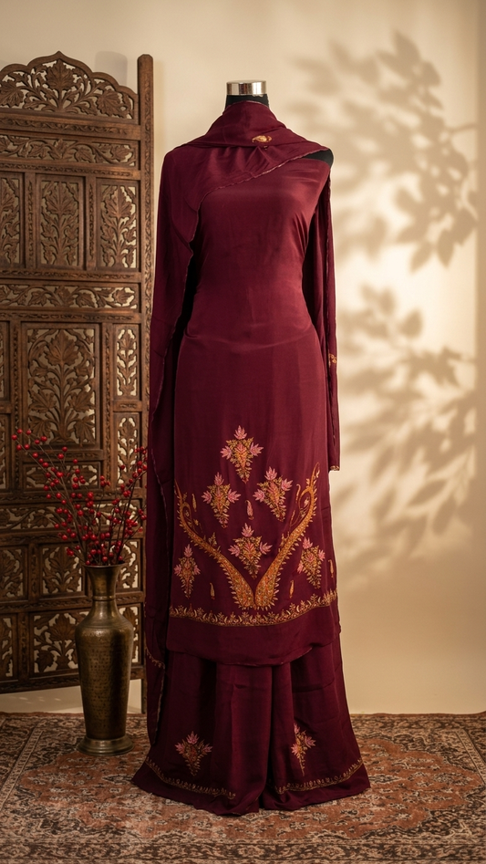 Wine Kalaa’ Crape Sozni Kashmiri Suit