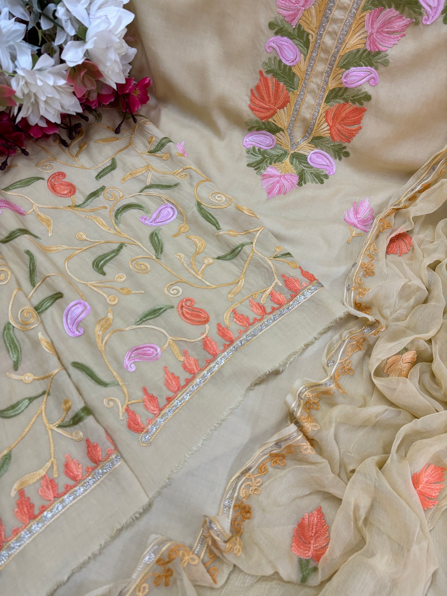 Beige Muslin Cotton Jaal Sleeves Kashmiri 3pc Suit
