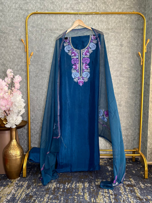 Blue Opada Silk Aari Embroidered Suit material