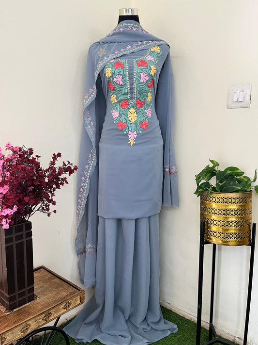 Steel Grey Georgette 3 Pc Aari Embroidered Suit Set